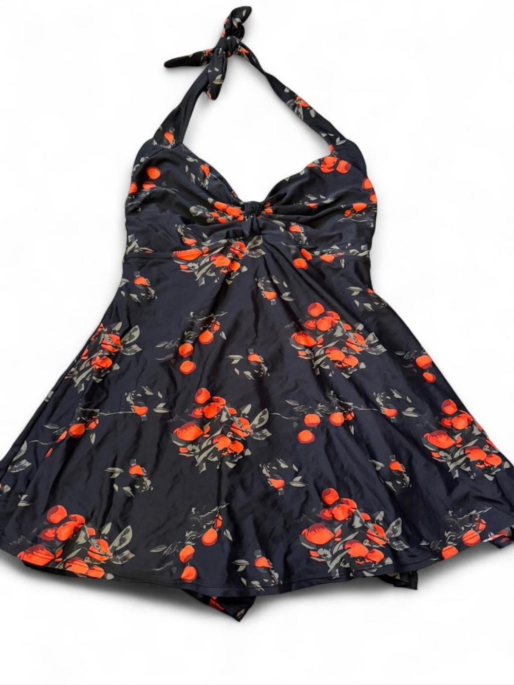 Black Halter Dress Bathing Suit with Orange Print